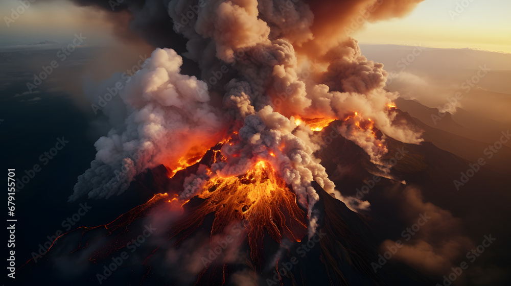 Aerial view of remote volcano eruption