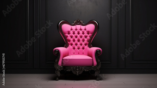 Pink armchair in a black interior. Cyclamen pink armchair in black interior room. generative ai