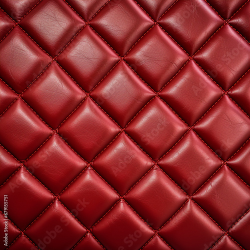 Fotografia con detalle y textura de superficie de cuero acolchado, con costuras en forma de diamante, y color rojo, con reflejos de luz © Iridium Creatives