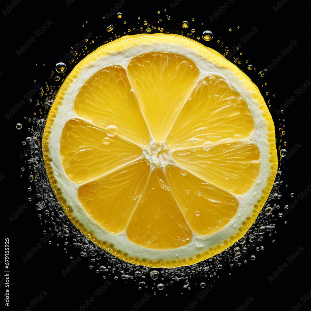 Fotografia con detalle y textura de rodaja de limon con gotas de frescor y fondo de color negro Fotografia con detalle y textura de rodaja de limon con gotas de frescor y fondo de color negro