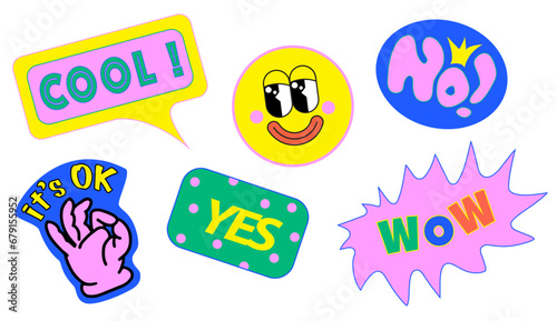 90 Cool Sticker Collage. Neon Color Print with Retro Millennium Style Patches. Cartoon Fun Smile Faces, y2k Style Vector Illustration. Funky art for T-Shirts, Wallpaper, Case Phone. 