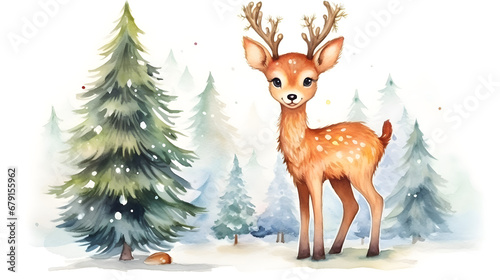 Cute deer in the snowy forest, illustration  © Taisiia
