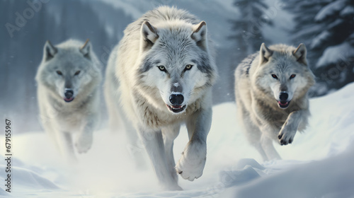 Wolf pack approaching in snowy wilderness