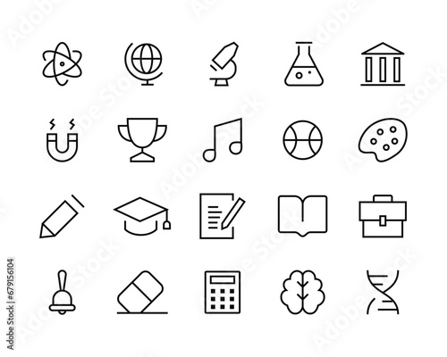 school subjects icons, History, Math, Biology, Chemistry, Geometry Education Study Lessons line icons set, editable stroke isolated on white, linear vector outline illustration, symbol logo design