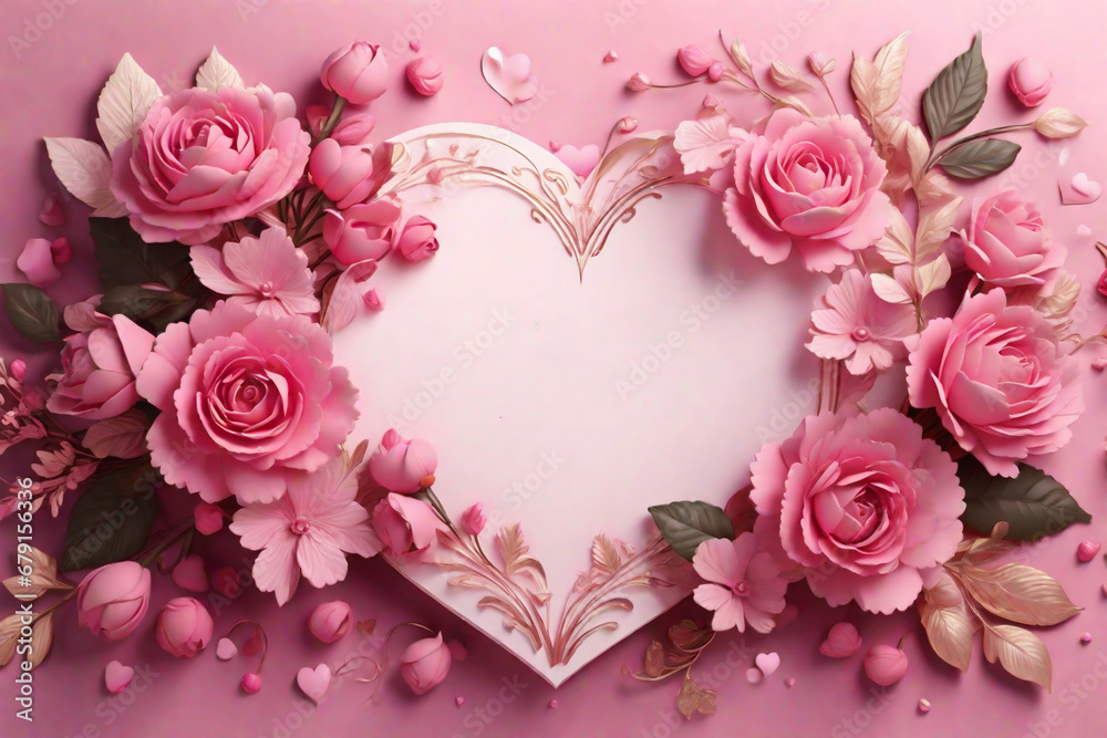 pink background with heart and roses, place for text