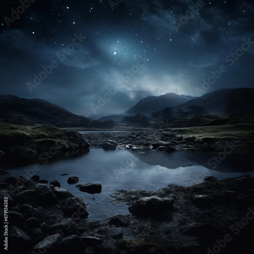 Fondo natural con vista de lago de montaña bajo cielo con estrellas y nubes © Iridium Creatives