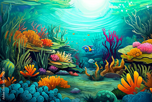 painting of coral reef and fishes