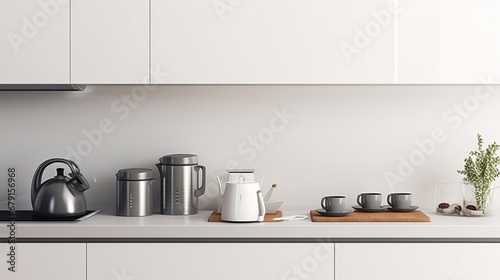 Modern white kitchen interior with coffee pot, pot and knives on table. Wooden table. generative ai