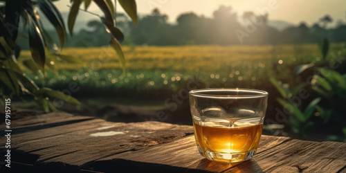 Glass of tea, on a wooden table, with views of the Thai countryside. Generative AI.