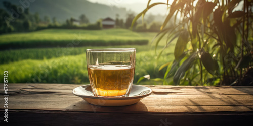 Glass of tea, on a wooden table, with views of the Thai countryside. Generative AI.