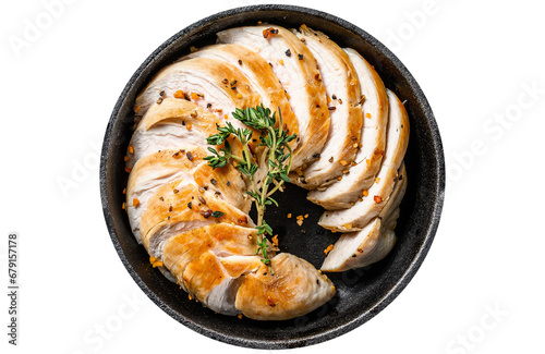 Grilled sliced Turkey steaks in a pan. Breast fillet. Transparent background. Isolated.