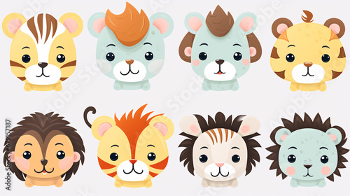 Joyful Safari Animal Faces Vector Set Including Tiger  Lion  Elephant  Giraffe  Zebra  Hippo  Rhino  Monkey