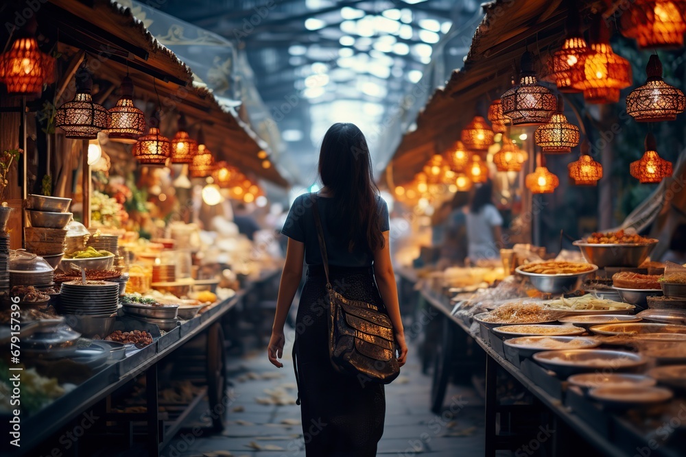 An attractive woman walking through a street market filled with delicious fruits and products