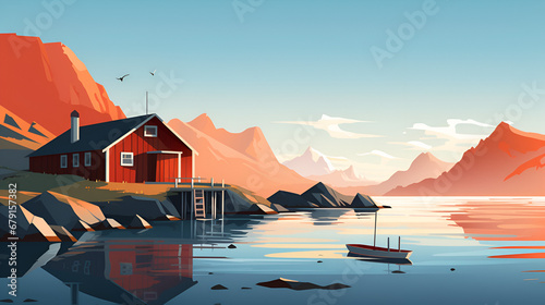 magical norwegian landscape with typical fishermens cabins photo
