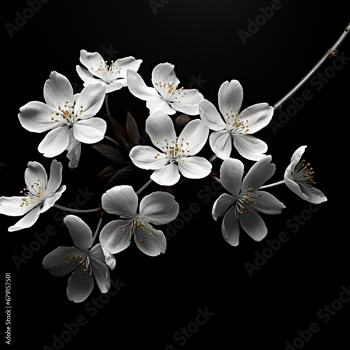 Fotografia en blanco y negro con detalle de flores sobre fondo de color negro