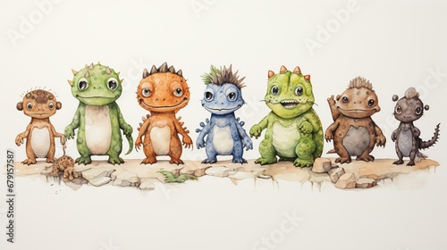 Fototapeta Naklejka Na Ścianę i Meble -  Group of cute dinosaurs on a white background, watercolor illustration.