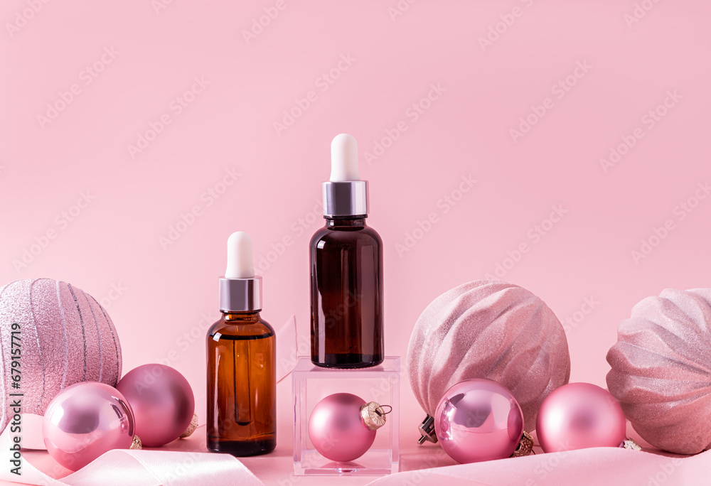 Two cosmetic bottles with a self-care product in a New Year's composition of a product presentation. Empty bottle packaging. Front view. layout. Two cosmetic bottles with a self-care product in a New Year's composition of a product presentation. Empty bottle packaging. Front view. layout.