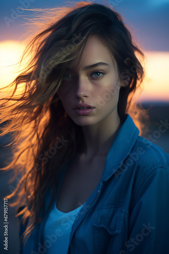 Portrait of an individual whose subdued expression is highlighted by the cool blue light of the setting sun. Blue Monday Concept

