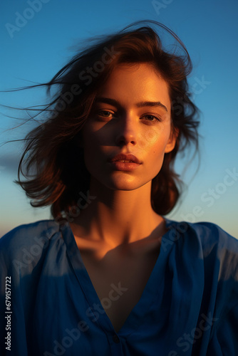 Portrait of an individual whose subdued expression is highlighted by the cool blue light of the setting sun. Blue Monday Concept


