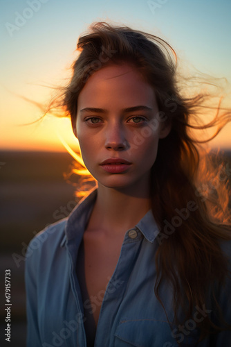 Portrait of an individual whose subdued expression is highlighted by the cool blue light of the setting sun. Blue Monday Concept

