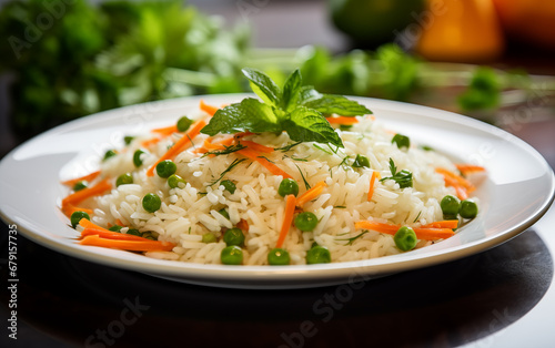 Cooked Long Grain Basmati Rice with Green Peas and Carrot Slices in White Plate, Vegetable Pulav