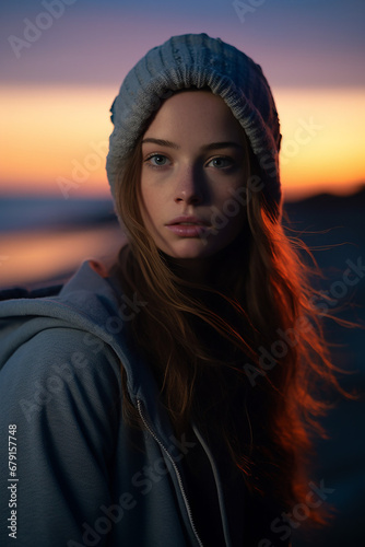 Portrait of an individual whose subdued expression is highlighted by the cool blue light of the setting sun. Blue Monday Concept

