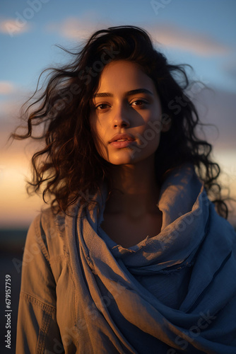Portrait of an individual whose subdued expression is highlighted by the cool blue light of the setting sun. Blue Monday Concept

