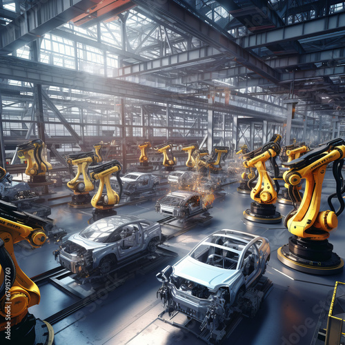 3D Rendering of an Advanced High-Tech Green Energy Electric Vehicle Manufacturing Plant with Automated Robot Arm Assembly Line