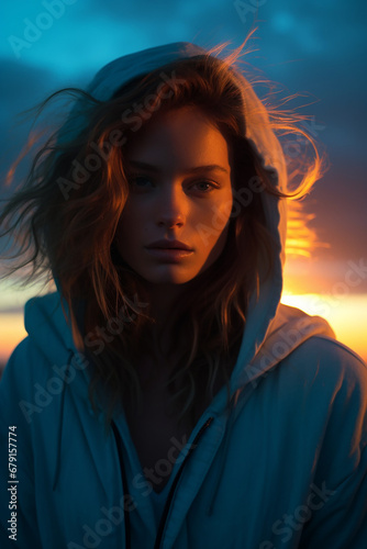 Portrait of an individual whose subdued expression is highlighted by the cool blue light of the setting sun. Blue Monday Concept

