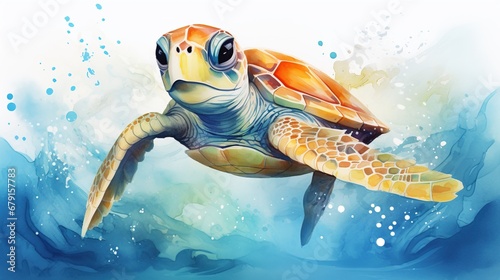 watercolor set of Cute big sea turtle, cute animals, on isolated background, For children's cards and invitations, sticker style © McClerish