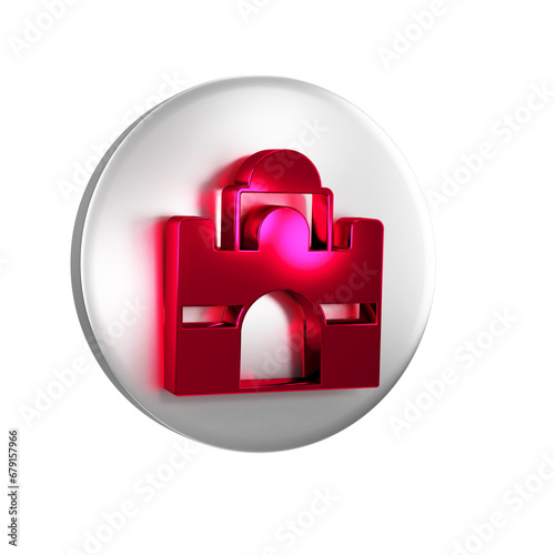 Red Egyptian house icon isolated on transparent background. Silver circle button.