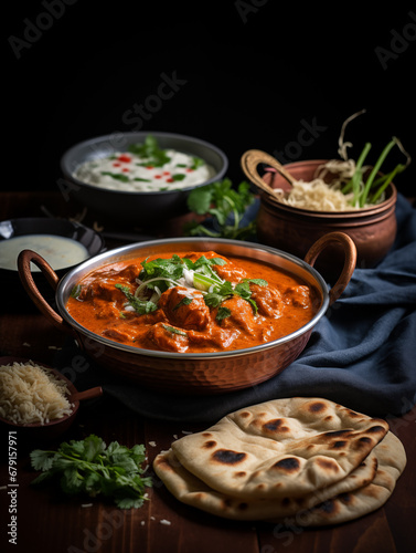 Traditional Indian Cuisine: Butter Chicken, Naan, and Rice