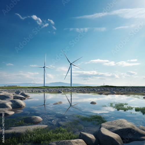 Fotografia con paisaje natural, con generadores eolicos, reflejados sobre superficie de agua photo