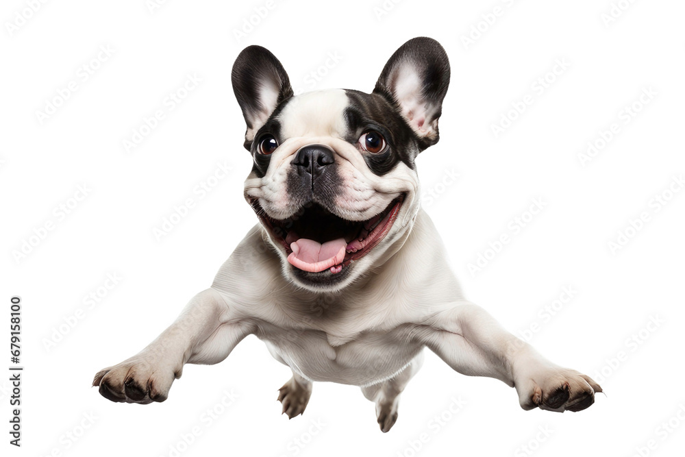 a high quality stock photograph of a single fat happy french bulldog dog jumping in the air isolated on a white background
