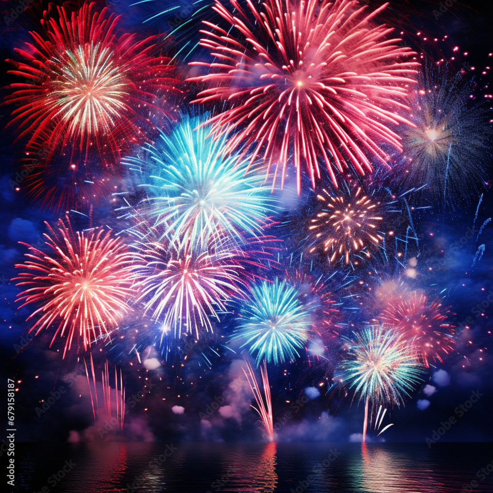 Fondo con detalle de fuegos artificiales con multiples tonos de azul y rojo Fondo con detalle de fuegos artificiales con multiples tonos de azul y rojo