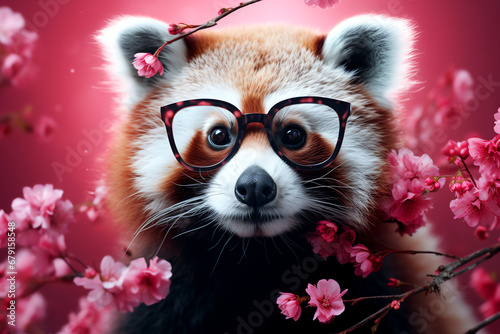 red panda wearing glasses with cherry blossoms wallpaper background © mr_marcom