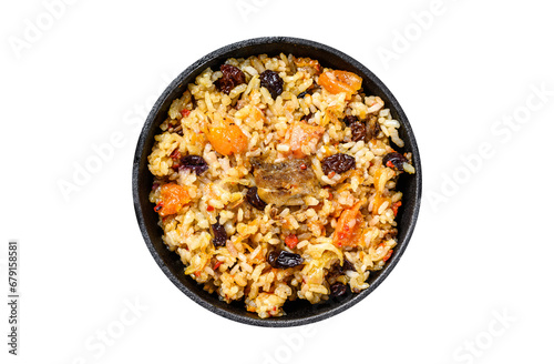 Pilaf in a pan. Central Asian cuisine Plov.   Transparent background. Isolated.