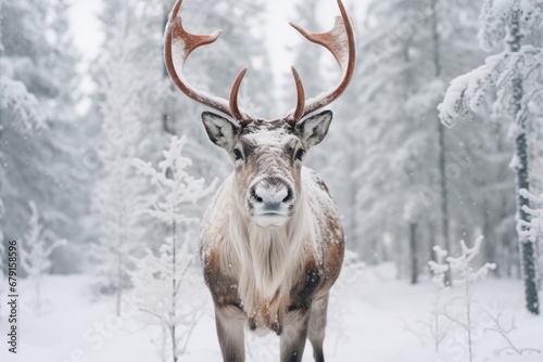 Big elk in winter forest. Bull Elk male. Banner with beautiful animal in the nature habitat. Wildlife scene from the wild nature landscape. Wallpaper  Christmas background