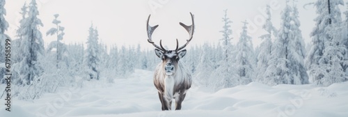 Big elk in winter forest. Bull Elk male. Banner with beautiful animal in the nature habitat. Wildlife scene from the wild nature landscape. Wallpaper, Christmas background #679158599
