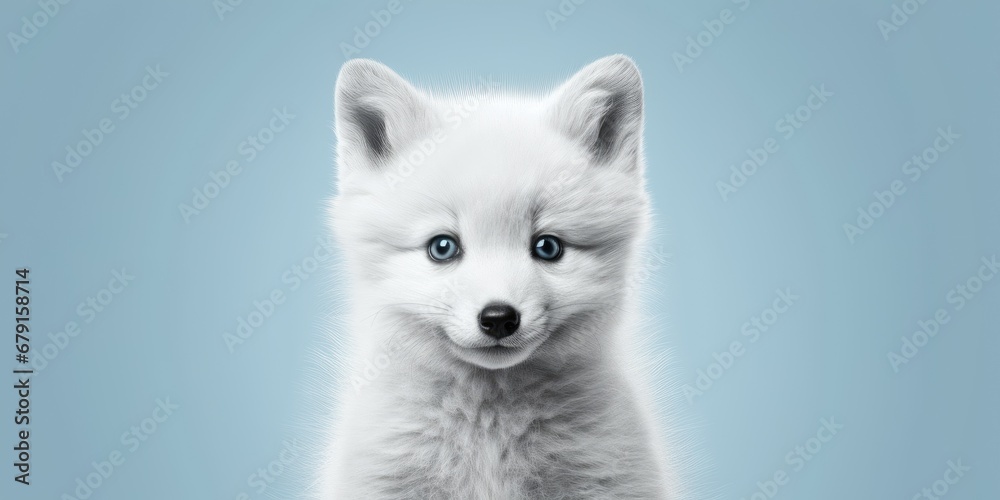 Cute white baby arctic fox (Vulpes Lagopus) on clear light blue background. Little snow fox. Winter backdrop with beautiful wild animal. Banner with copy space