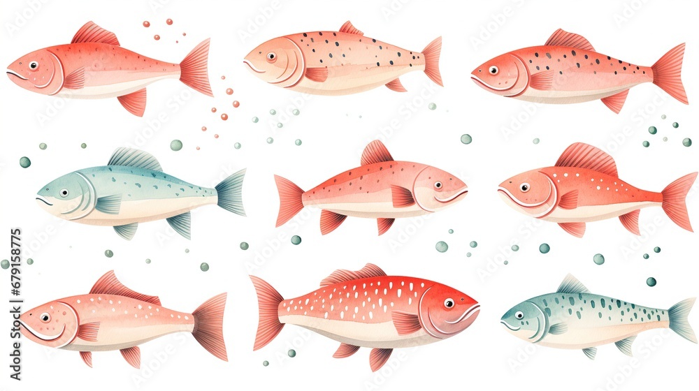 Set of salmon fish isolated on a white background. Stciker set illustration.