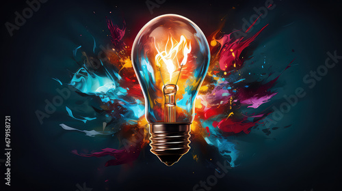 light bulb in blue, in the style of colorful surrealist, poured paint, light orange and magenta, light black and white, photorealistic pastiche, shaped canvas, innovative page design