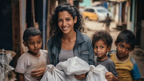латино-американская молодая женщина мама с детьми счастлива подарками или покупками, пакетами в руках