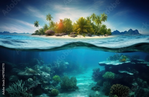 an underwater coconut island over the ocean with corals, fish and coconuts on the surface © olegganko