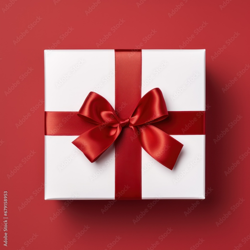 Merry Christmas and New Year concept. white gift box tied with a red ribbon on a red background Merry Christmas and New Year concept. white gift box tied with a red ribbon on a red background