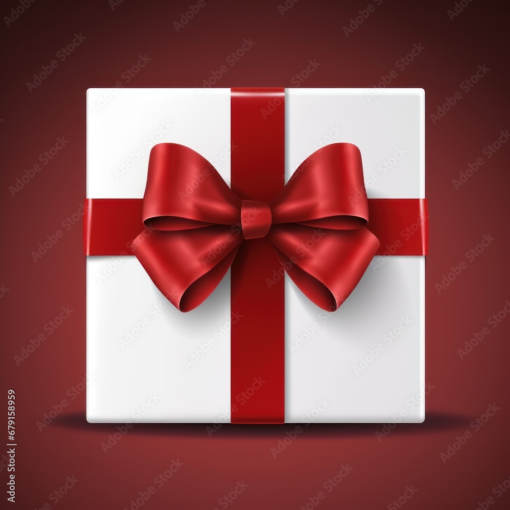 Merry Christmas and New Year concept. white gift box tied with a red ribbon on a red background Merry Christmas and New Year concept. white gift box tied with a red ribbon on a red background