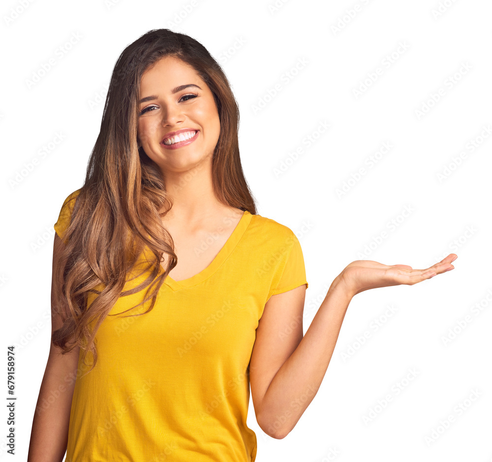 Woman, smile and portrait with palm for presentation, sales announcement and offer promotion isolated on transparent png background. Hands advertising deal, feedback and review information about us Woman, smile and portrait with palm for presentation, sales announcement and offer promotion isolated on transparent png background. Hands advertising deal, feedback and review information about us