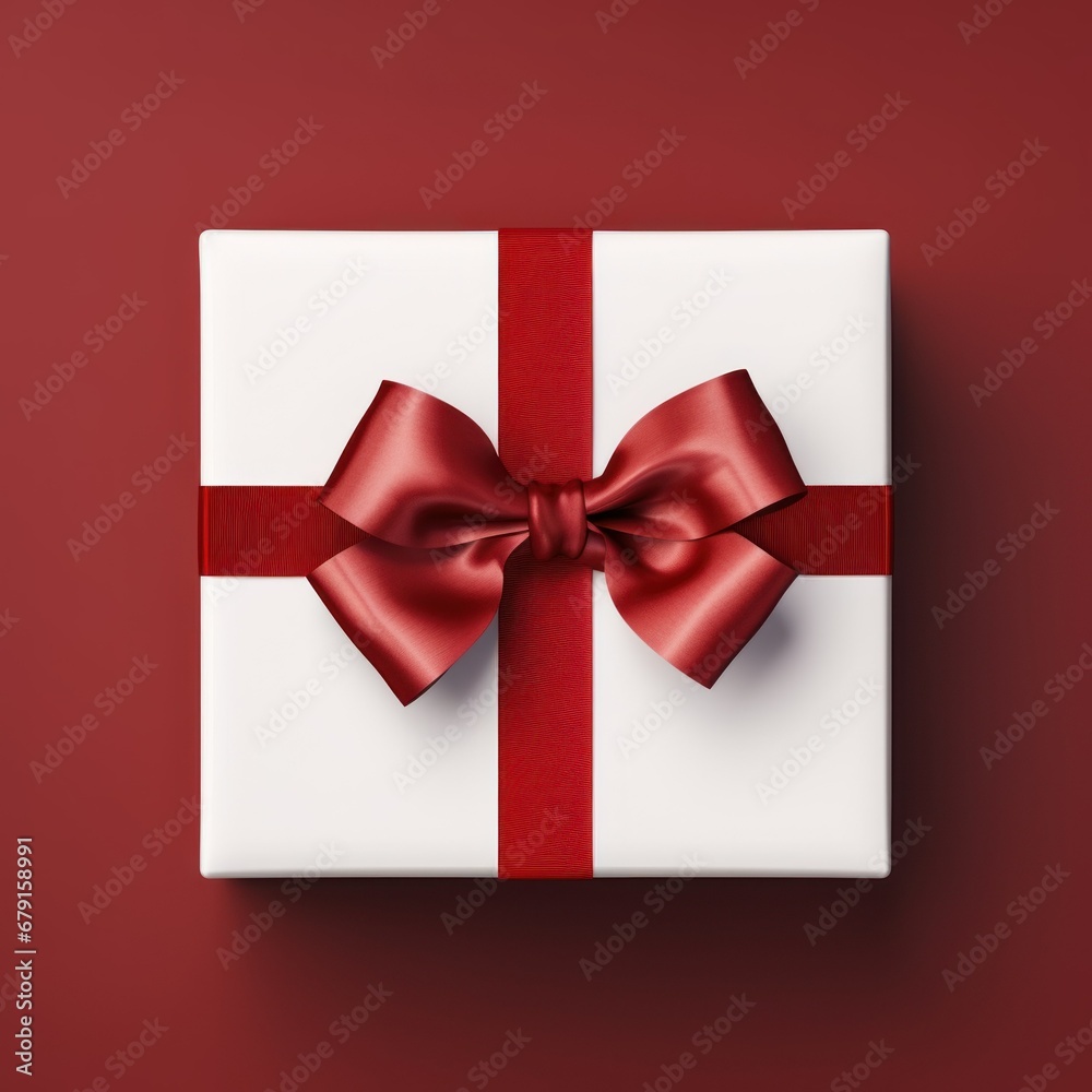 Merry Christmas and New Year concept. white gift box tied with a red ribbon on a red background Merry Christmas and New Year concept. white gift box tied with a red ribbon on a red background