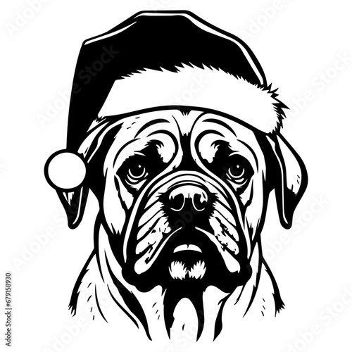 Cute bullmastiff Dog wearing Santa hat head  Christmas illustration  Generative AI.