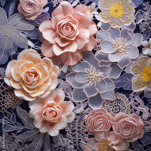 Fondo con detalle y textura de mezcla de flores bordadas con flores reales,